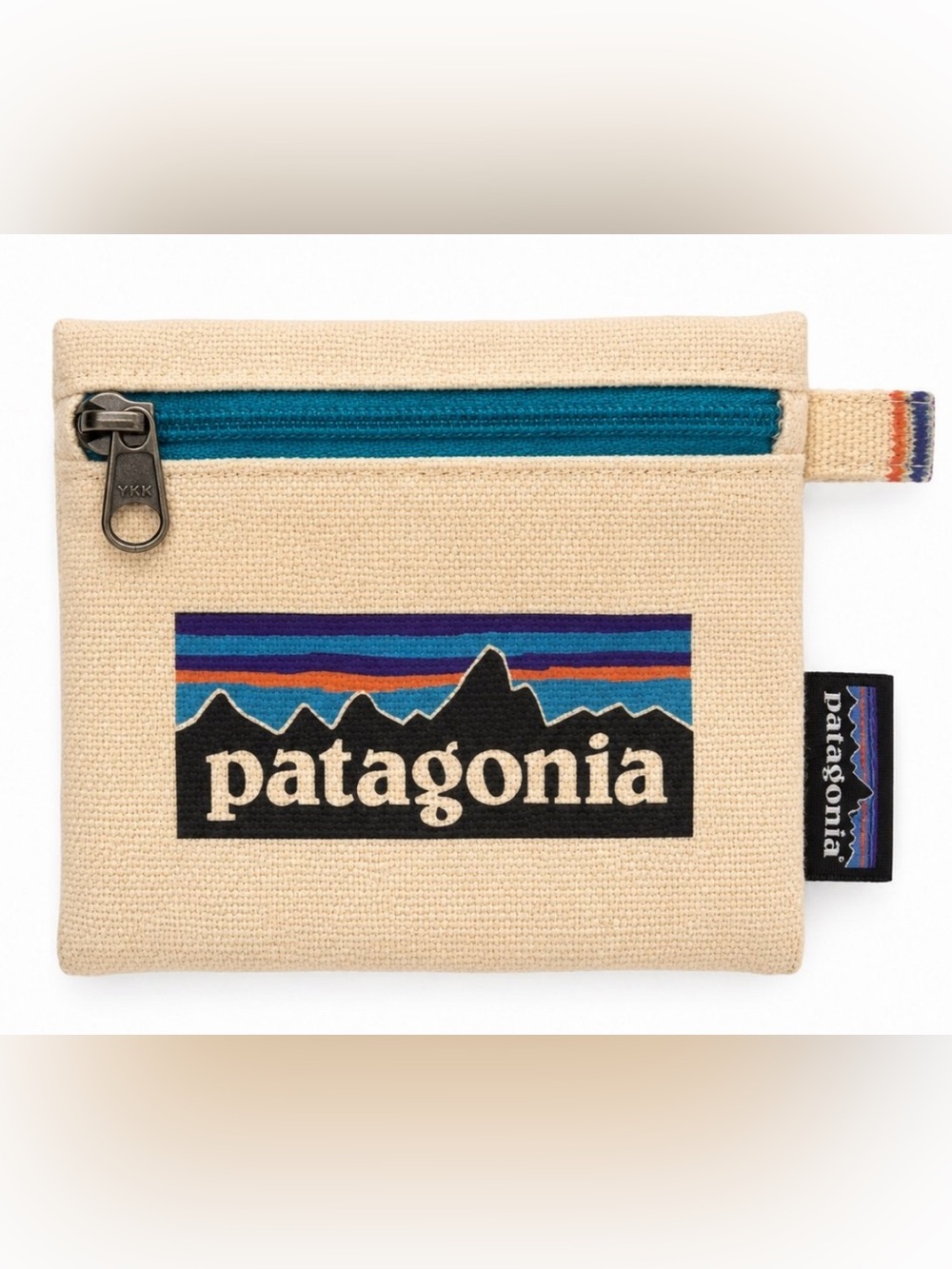 Patagonia Natural Canvas Pouch with Teal Zipper and Multicolor Logo